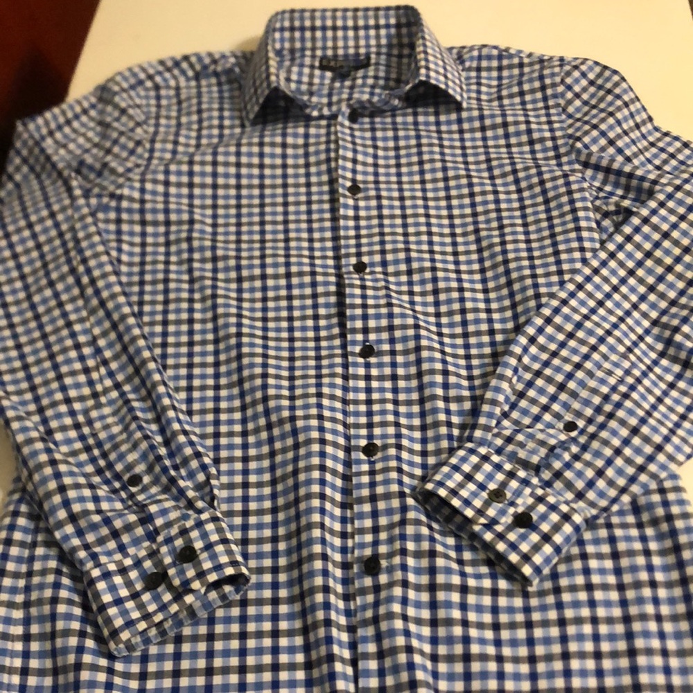 Express long sleeve button collared shirt in different blue gingham. Small
